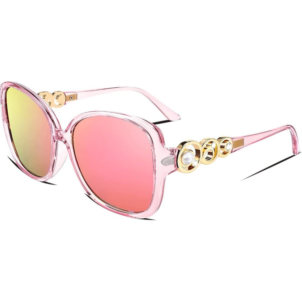 Womens Pink Fashion Sunglasses Square Frame With Pearl Sparkling Eyes Protection